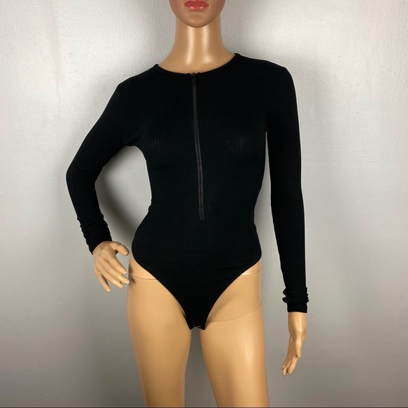 NEW NAKED WARDROBE BLACK ZIP FRONT RIBBED BODYSUIT - Picture 3 of 7